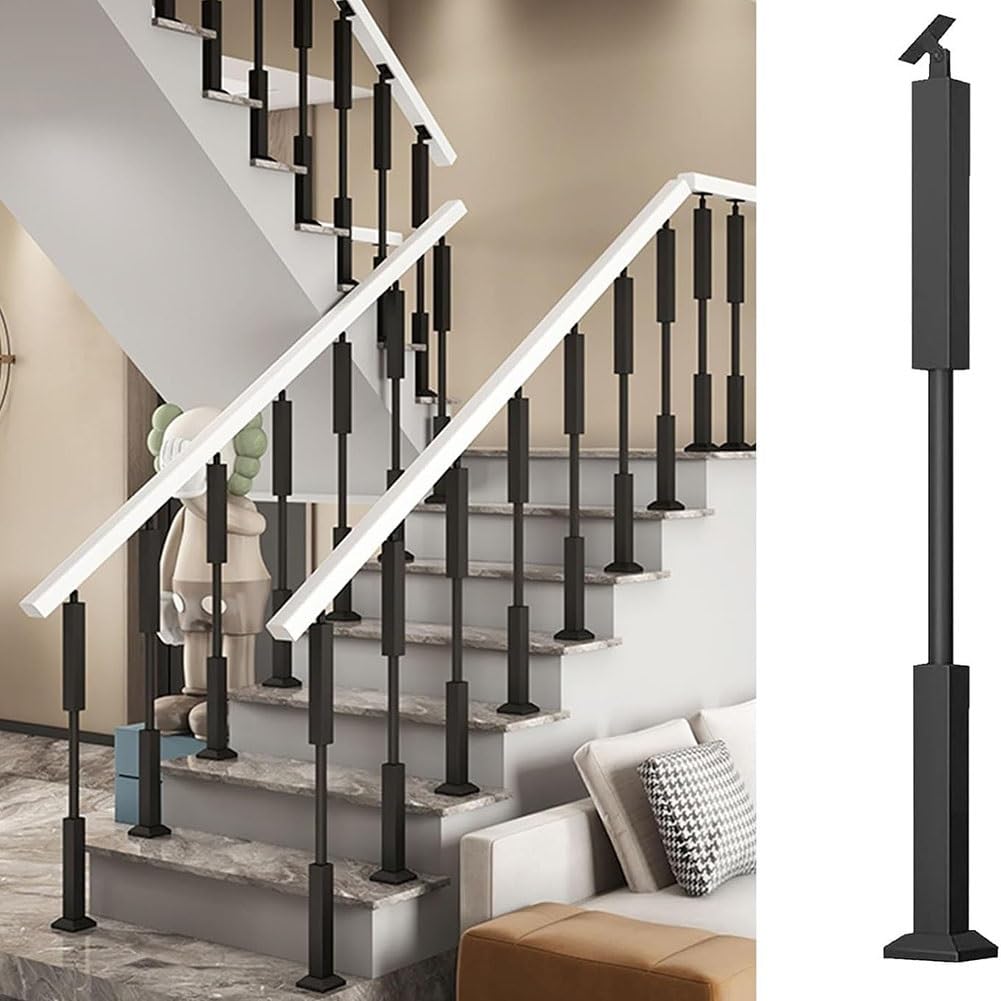 Metal Stairs Railing Post, Modern Stair Baluster Posts 270° Angle Adjustable Heavy Duty Balusters Spindles Column for Balcony Deck Porch Garden Loft(Black,H:95cm/37.4")