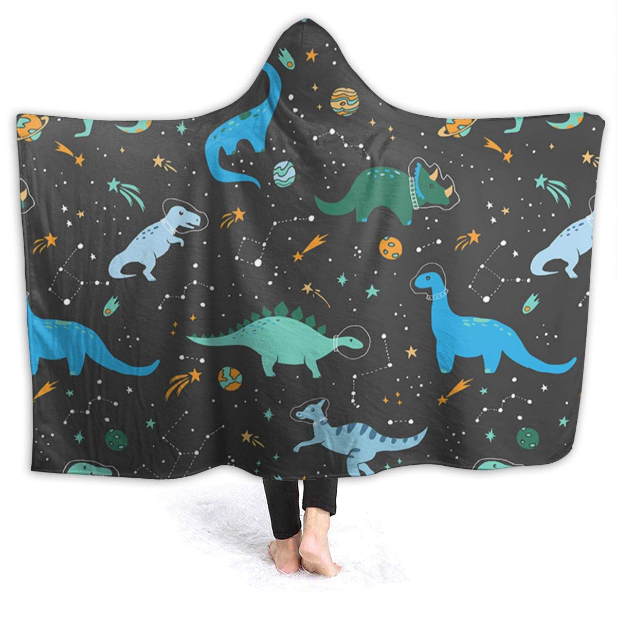 Cartoon Dinosaurs Pattern Wearable Blanket Fleece Hooded Robe Cloak Throw Quilt Poncho Microfiber Sherpa Plush Warm Wrap Multiple-Size Cape Kids Size 50 x 40 Inch