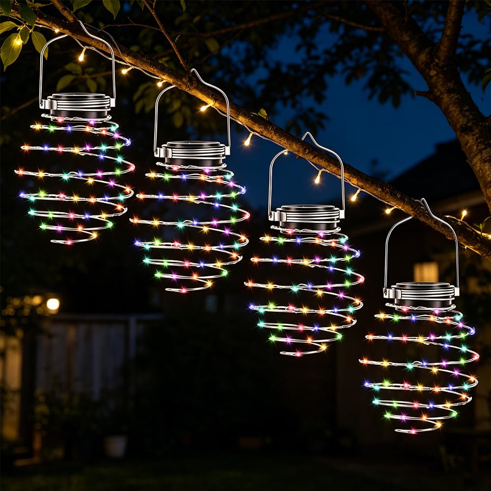 Sgzioo Colored Light 4Pcs Spiral Solar Lights Outdoor Garden, Hanging Solar Lights Outdoor Garden, Spiral Solar Light, Waterproof Led Lanterns For Outside Hanging (Colored Light)