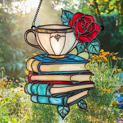 Flower Books Tea Faux Stained Glass Acrylic Suncatcher Window Hanging Book Lover Home Decor Birthday Gift