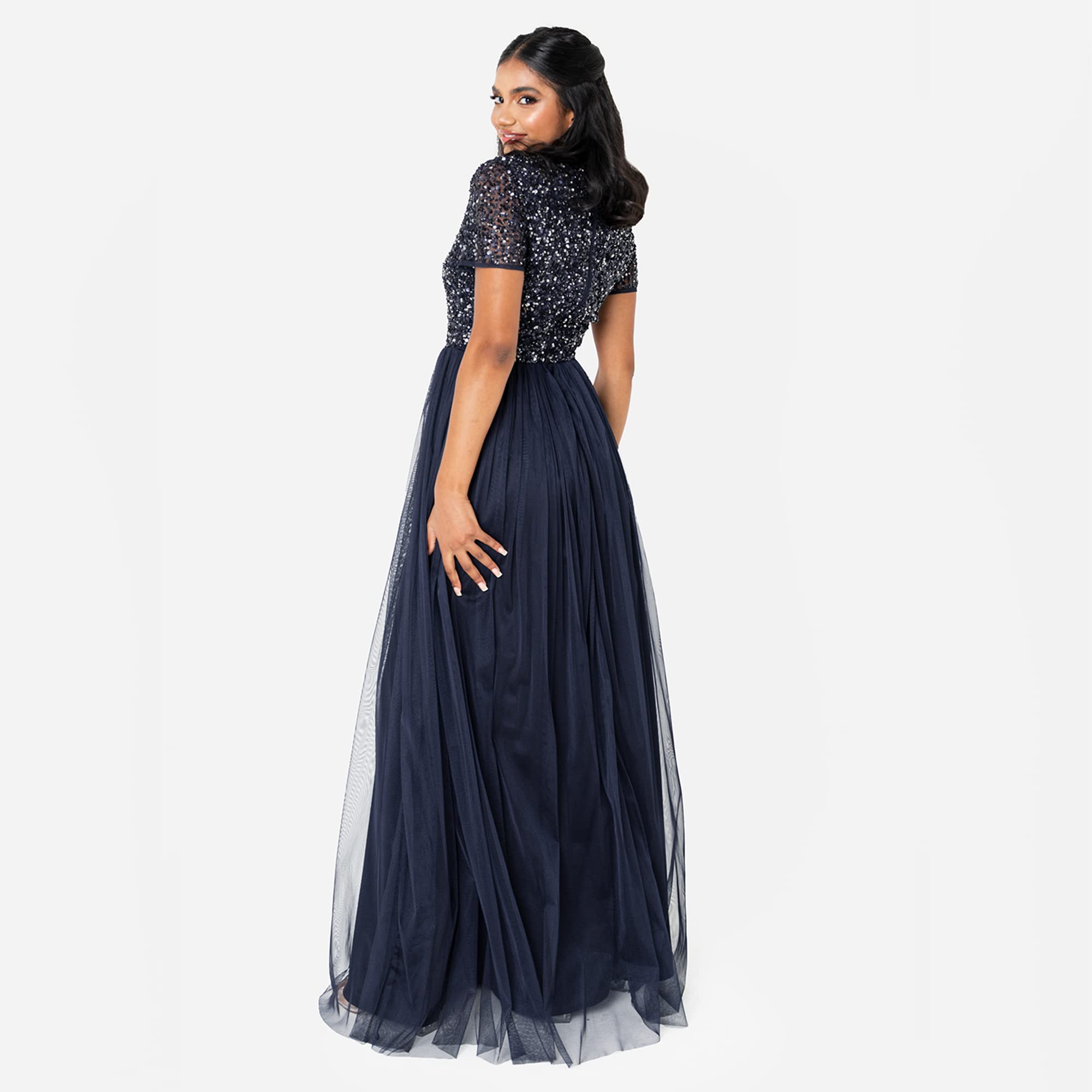 Maya Deluxe Women's Ladies Dress for Wedding Guest Plus Size Empire High Waist Sequins Short Sleeve Evening Bridesmaid