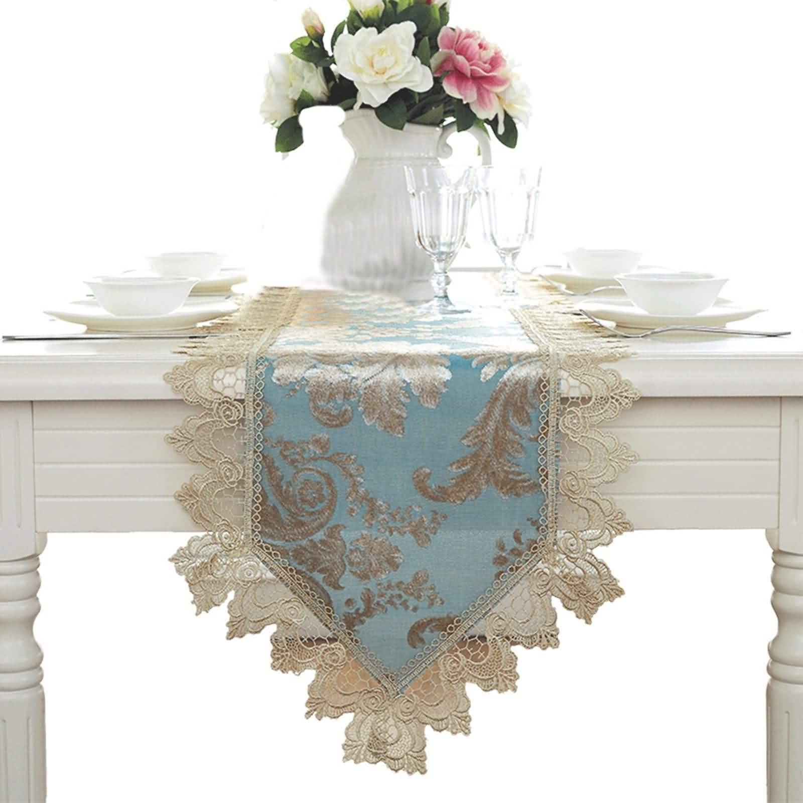 Tischläufer Hochzeit Vintage, Tischläufer Spitze Abwaschbar Pfauenblau 40x280CM Dreieck-Stickmuster Polyester Tischdeko Wohnzimmer Küche