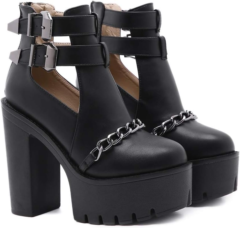YIYA Women's Fashion Ankle Boots Platform Chunky High Heel Chain Decor Zip Combat Boots Goth Shoes Black