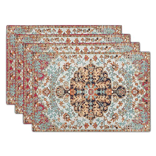 Image of Ethnic Boho Placemats Set of 4 Bohemian Carpet Vintage Black Coral Floral Linen Washable Kitchen Dining Table Mats Stain Heat-Resistant Desktop Decor Place for Home Party Indoor 12x18 in