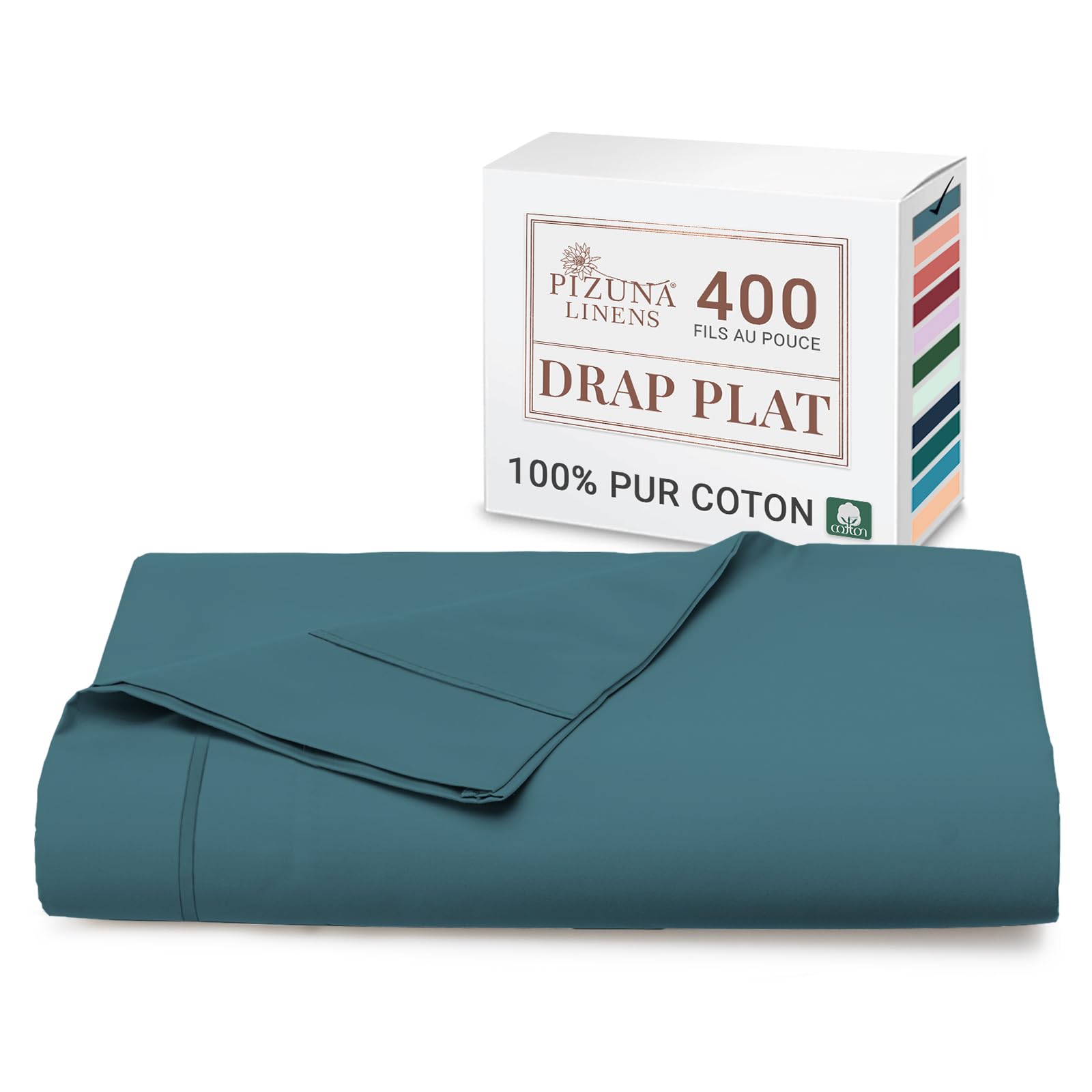 Pizuna Coton Peigné 2 Personnes Drap Plat 240x280 cm Bleu Paon 400 Fils | 100% Coton Longue Tige Armure Satin Drap Plat de Luxe avec Ourlet élégant (Bleu Paon)