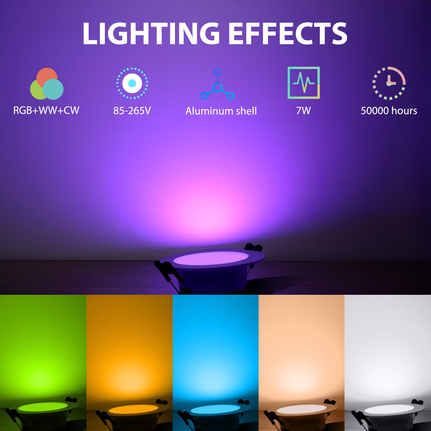 Faretti LED da Incasso 7W, Foro 60mm RGB Rotondi con Telecomando IR Faretto da Soffitto RGBW WW CW 230V Dimmerabile Cambia Colore Lampada da Incasso a LED in Alluminio piatto (Pacco da 6)