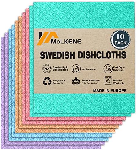 MoLKENE Swedish Dish Cloths - 10 Pack Reusable Kitchen Dishcloths - Ultra Absorbent Dish Towels for Washing Dishes - Cellulose Sponge Cloth Cleaning Rag - Assorted