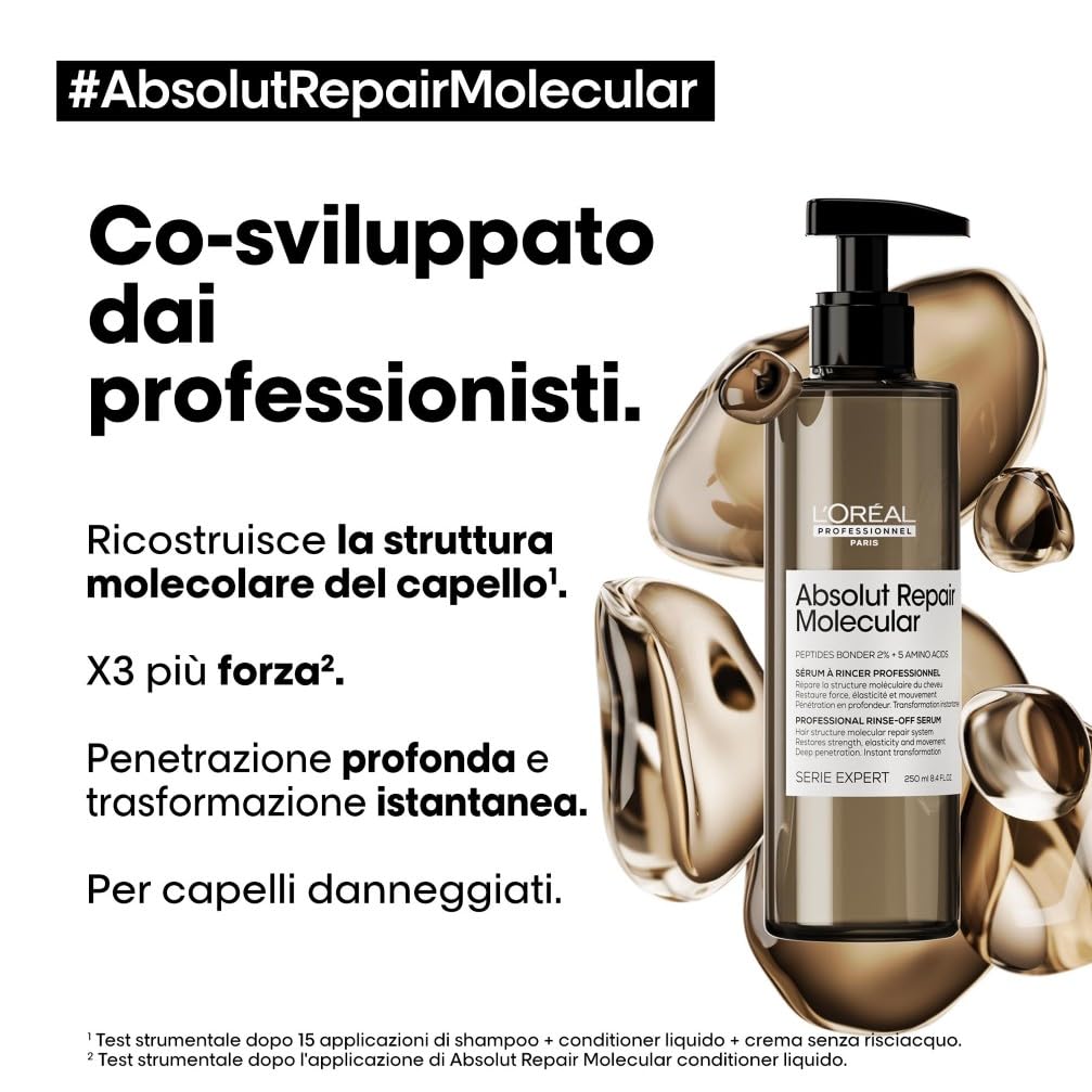 L’Oréal Professionnel Routine con Shampoo e Conditioner Liquido, Per Tutti i Tipi di Capelli Danneggiati, Ripara i Danni e Ripristina la Forza, Senza Solfati, Absolut Repair Molecular, SERIE EXPERT