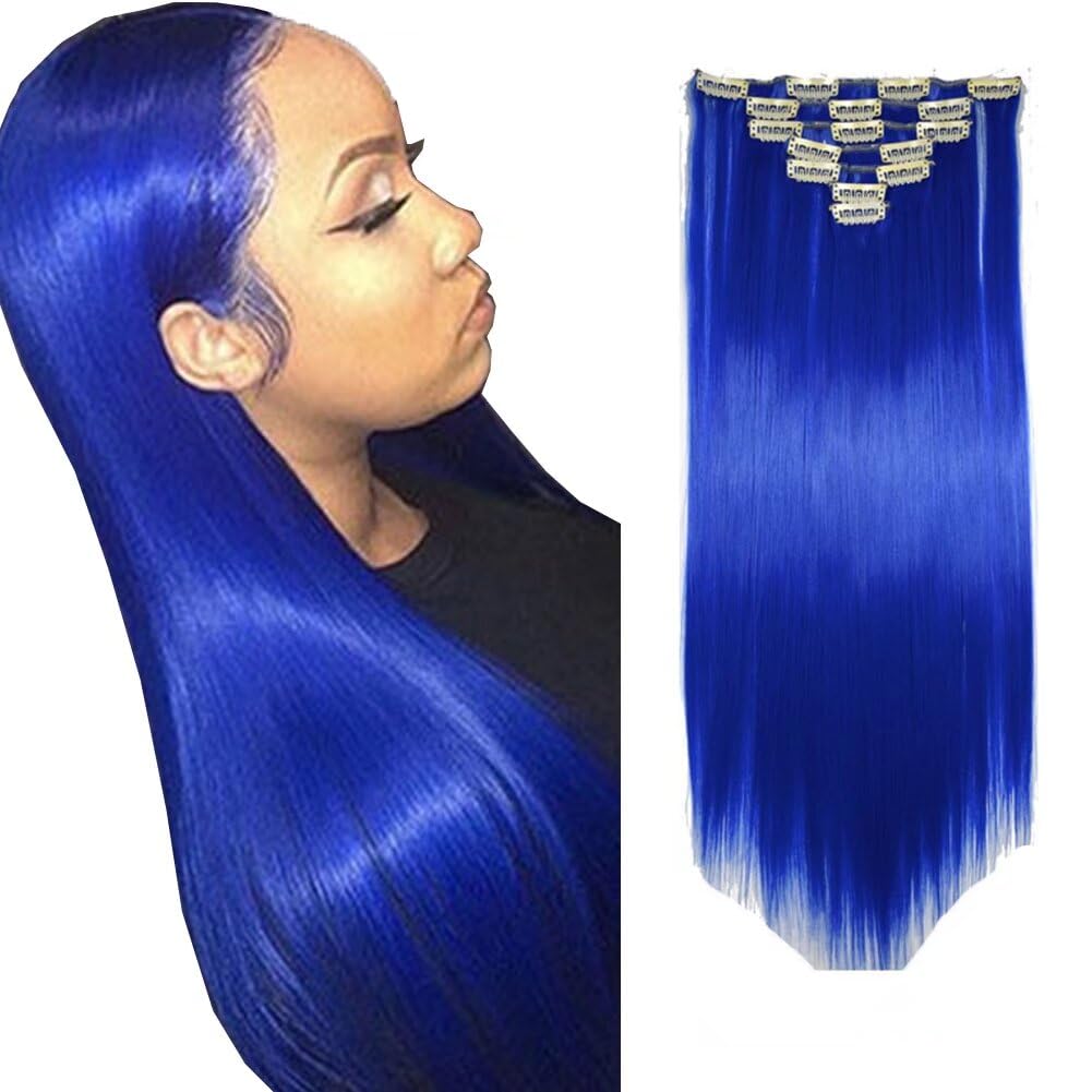 LaLuLoLi Fashion Blue Synthetic Heat Resistent Fiber Clip on Hair Extension 100g 22" 7pcs/16clips/pack Long Full Head Clip in Straight Hair Extensions for Women Girl Lady