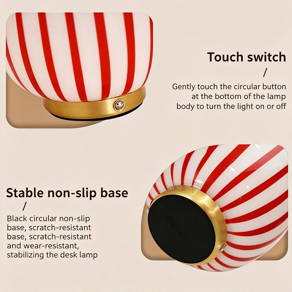 LED Tischlampe Kugel Glas Kabellos Tischleuchte Dimmbar Touch Schalter Batteriebetrieben Schreibtischlampe Rot Gestreiftem Glaslampenschirm Nachttischleuchten USB Aufladung Tragbar Runde