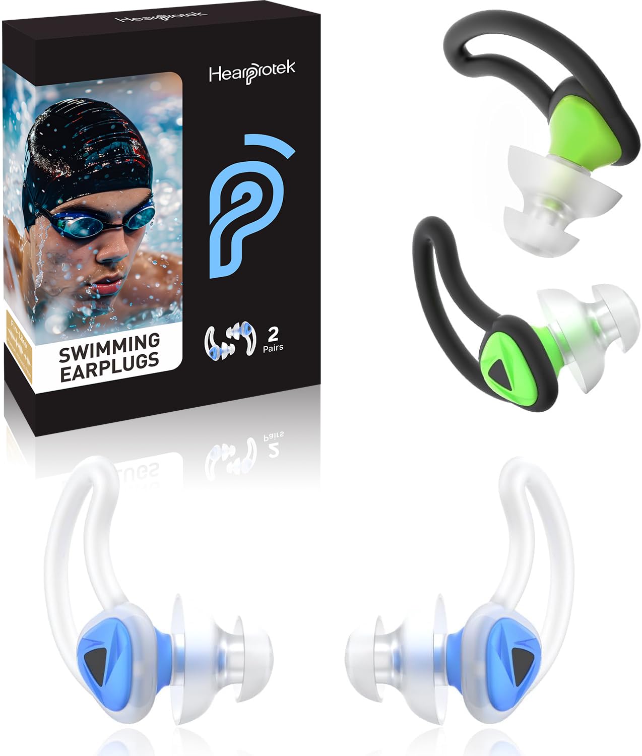 Ear Plugs for Swimming–2 Pairs Soft Silicone Reusable Waterproof Earplugs for Adults &amp; Men Women, Custom Fit for Swimmers Ear, Pool, Beach, Snorkeling, Surfing, Kickboard Training(Blue&amp;Green)