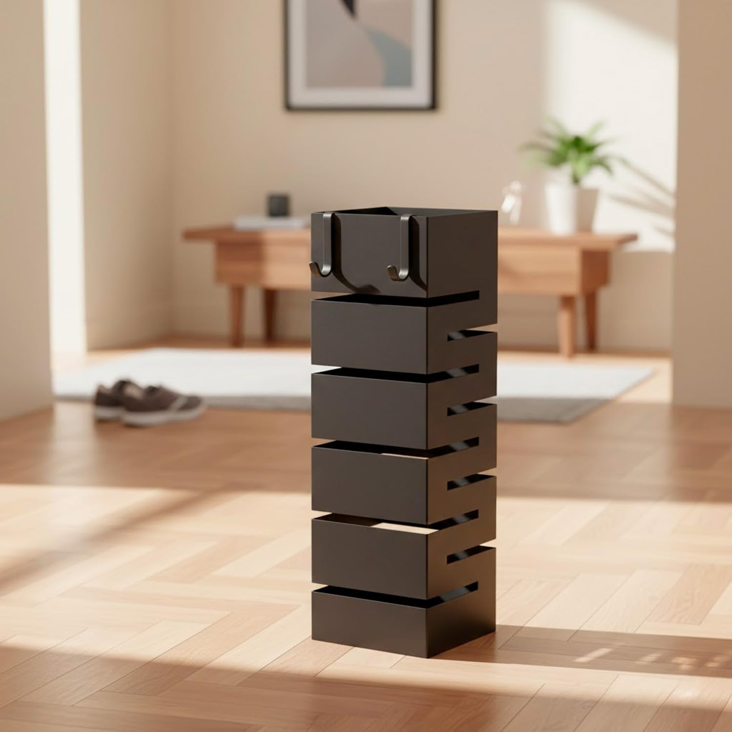Bricozone Portaombrelli In Metallo Moderno Da Interno Ed Esterno Con Vaschetta Scolapioggia E Ganci Removibili Design Elegante Per Ingresso Casa E Ufficio (Nero)