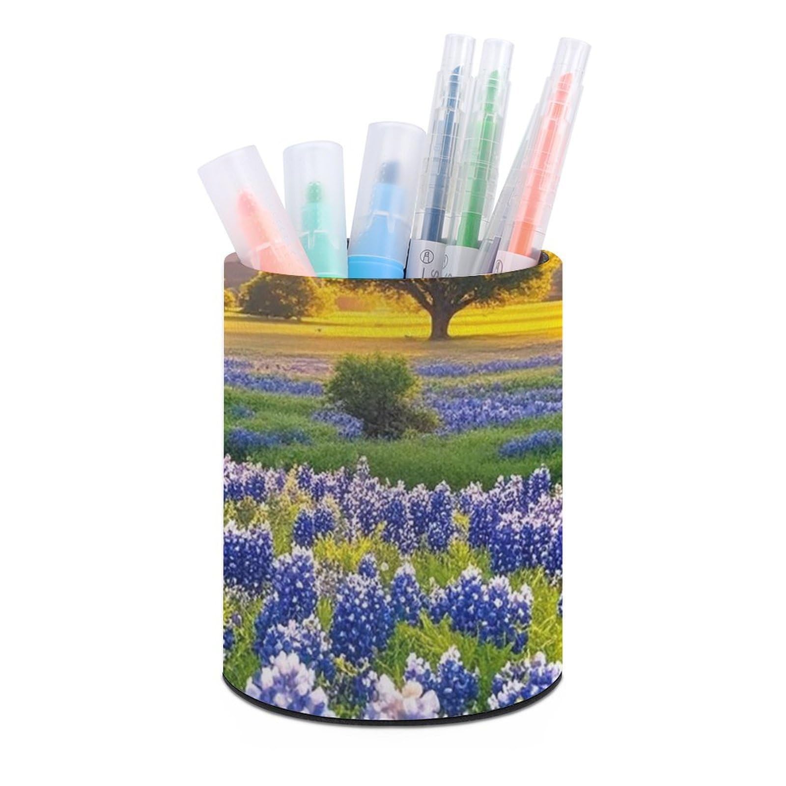 FekiLoot PU Leather Round Pen Holder Texas Bluebonnets Scenery Pencil Holder Desk Organizer Pen Organizer Pen Cup Pencil Cup Caddy Desktop Stationery Organizers for Office Home Supplies