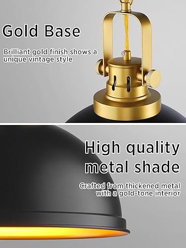 Miniatura 2 de Paquete de 2 lámparas colgantes de oro negro, luces colgantes de metal de granja, moderna cúpula negra mate, lámpara industrial para cocina, isla,