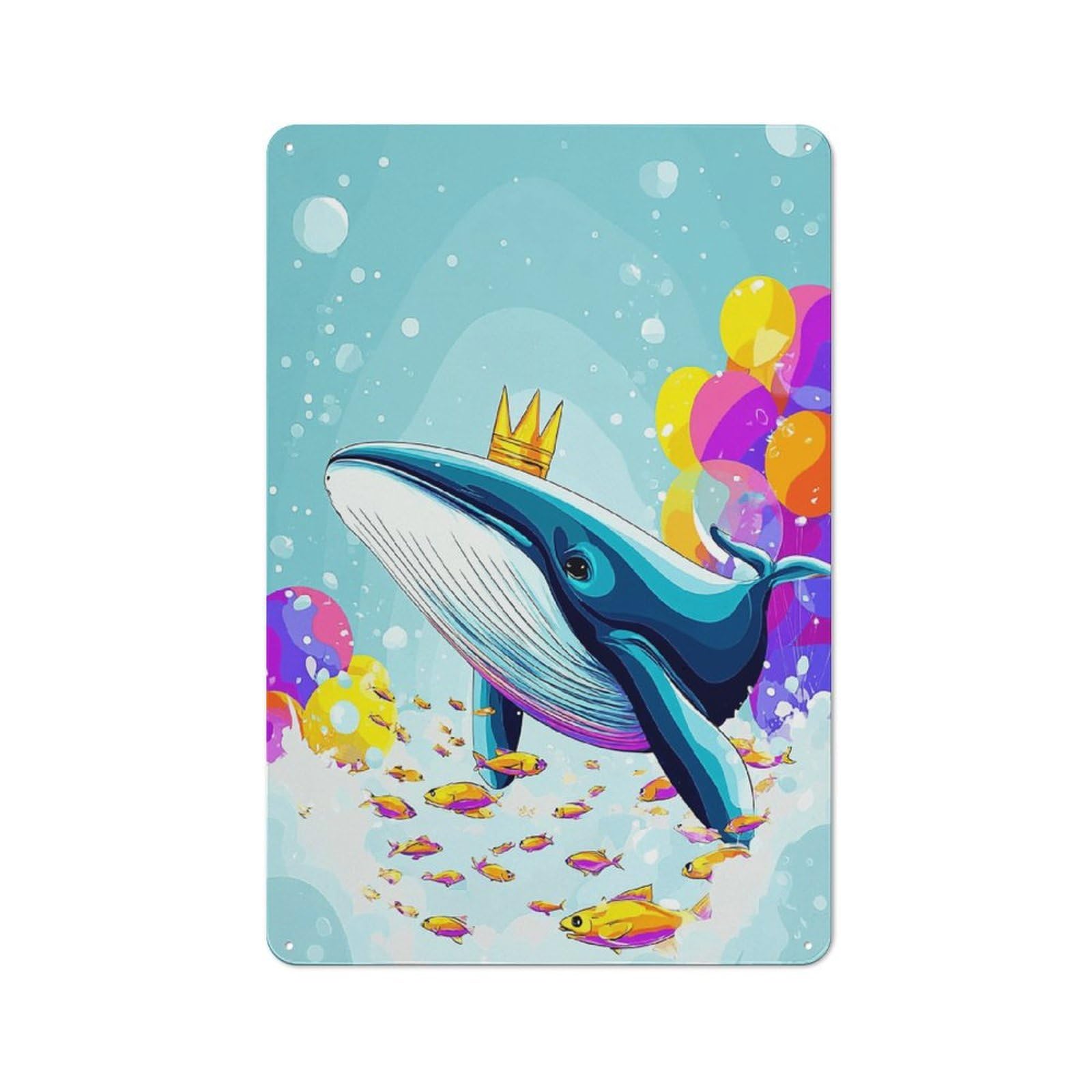 Junmoney Whale With Crown And Balloons Metal Wall Sign 30X20cm Featuring For Bar Or Restaurant, For Themed Interiors In Bars And Restaurants