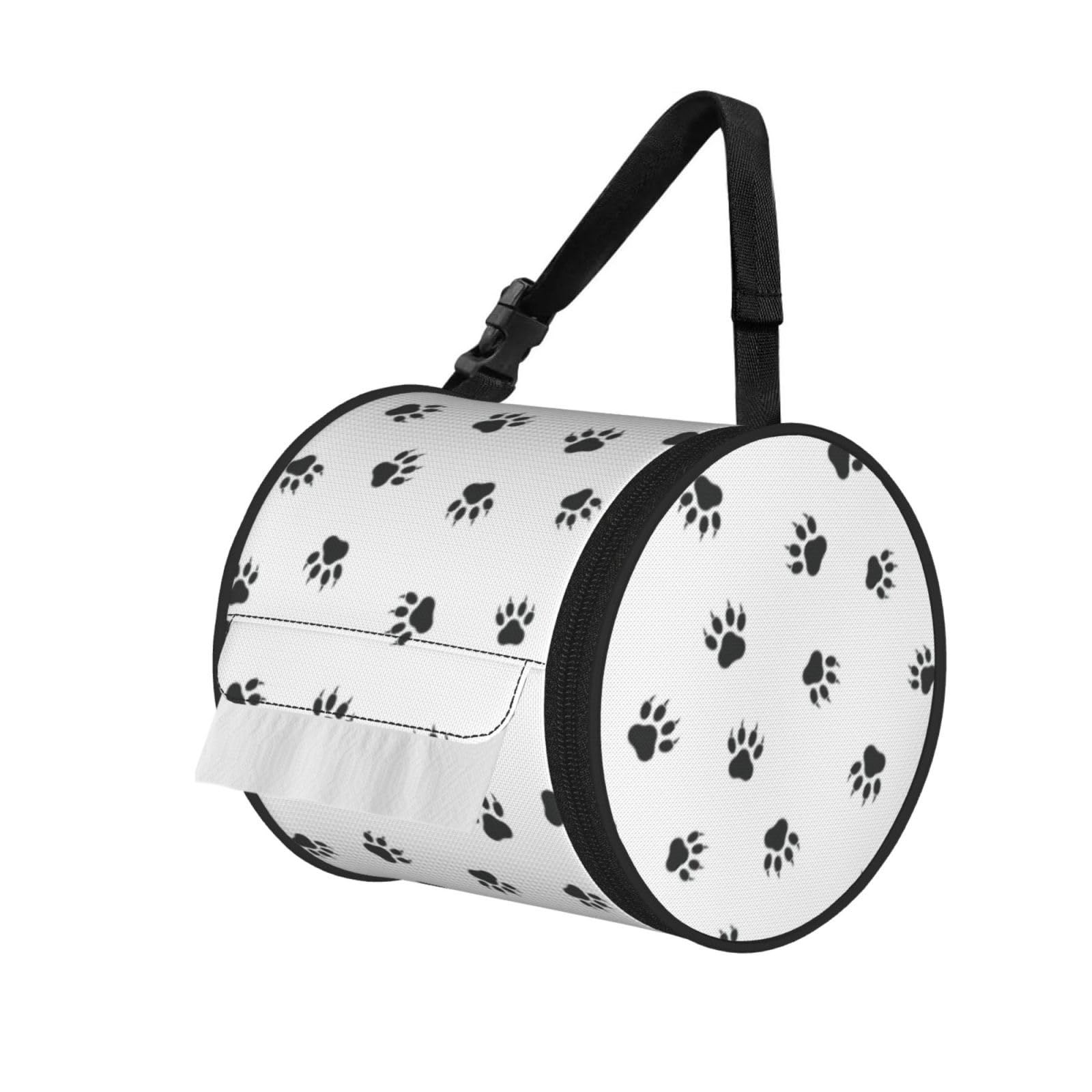 Bear Paw Print Round Paper Tissue Holder With Shoulder Strap, Portable Roll Case For Caravan Travel Use