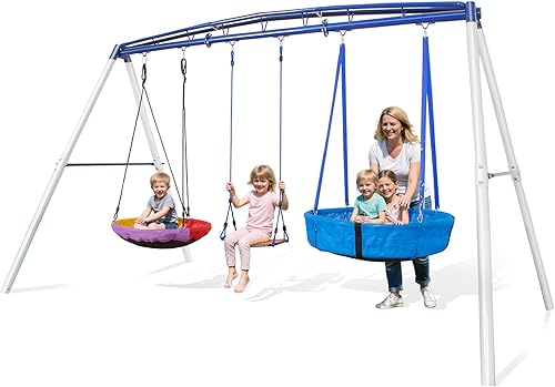 Juego de columpio de metal resistente 3 en 1, capacidad de 800 libras, juego de marco en A reforzado para exteriores con asiento de bloqueo para