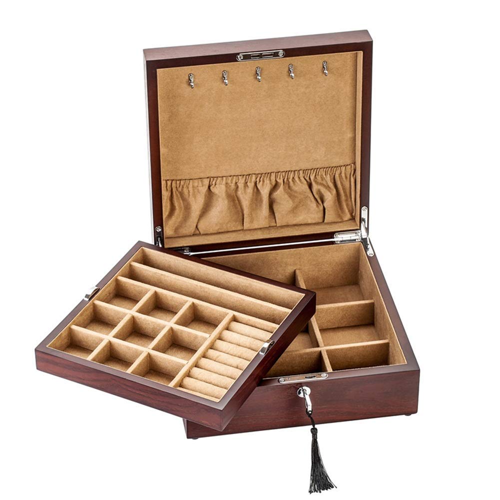 Jewelry Storage Box Retro Faux Leather Gift Capacity Large Double Handmade Tray (Color: Black-A, Size: 29.5x20x9.6 cm)