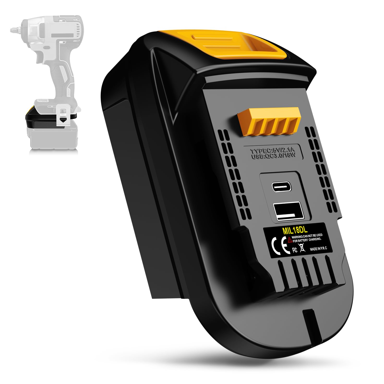 Upgraded 2-USB MIL18DL Adapter for Dewalt 20V Cordless Tools, for Milwaukee 18V Battery Used for Dewalt 20V 60V MAX Tool, with Fast Charging USB-A&C