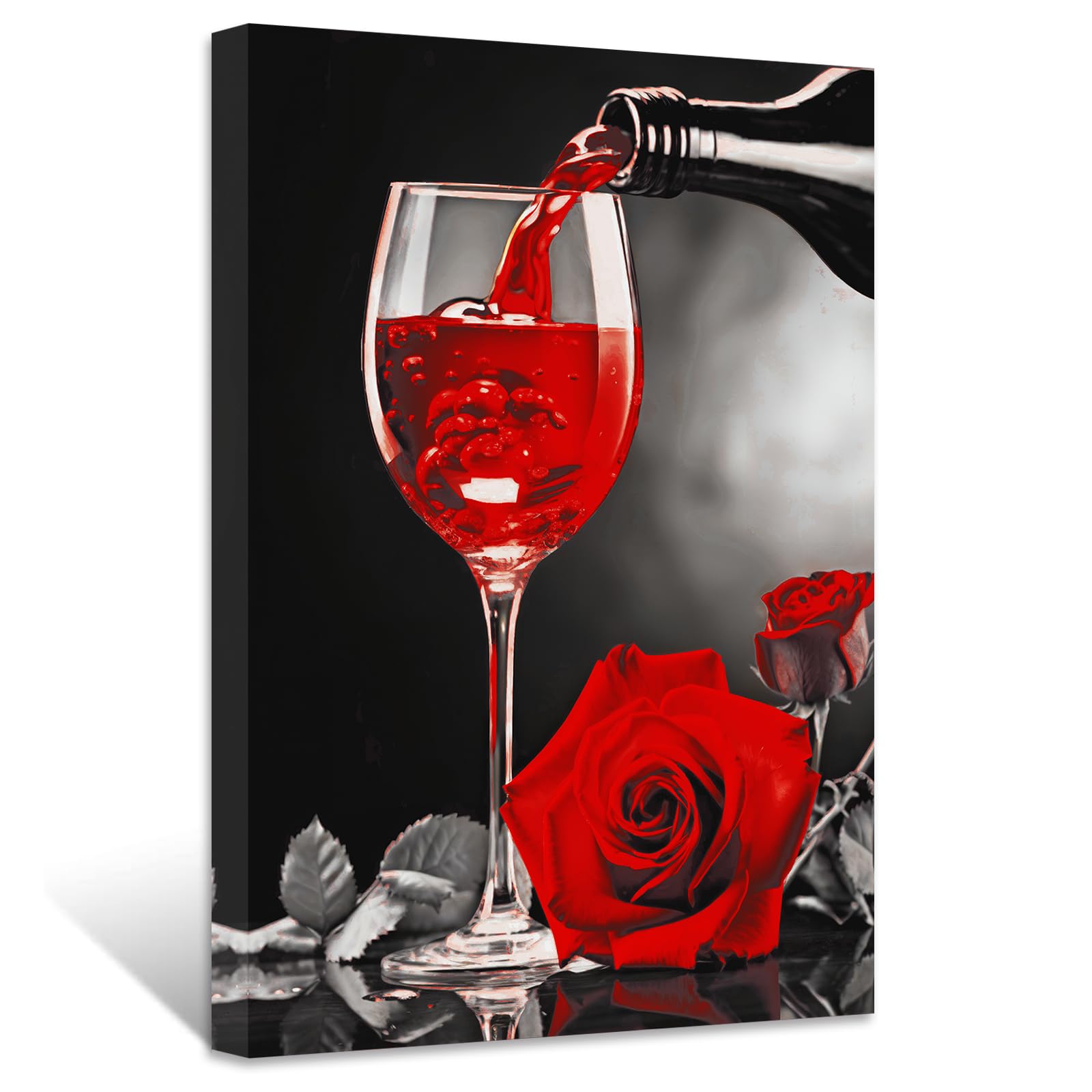 ZXHYWYM Red Wine Wall Decor Kitchen Canvas Picture Black White and Red Wine Glass Rose Painting Prints Modern Abstract Artwork for Restaurant Dining Room Bar Decor(Picture-1