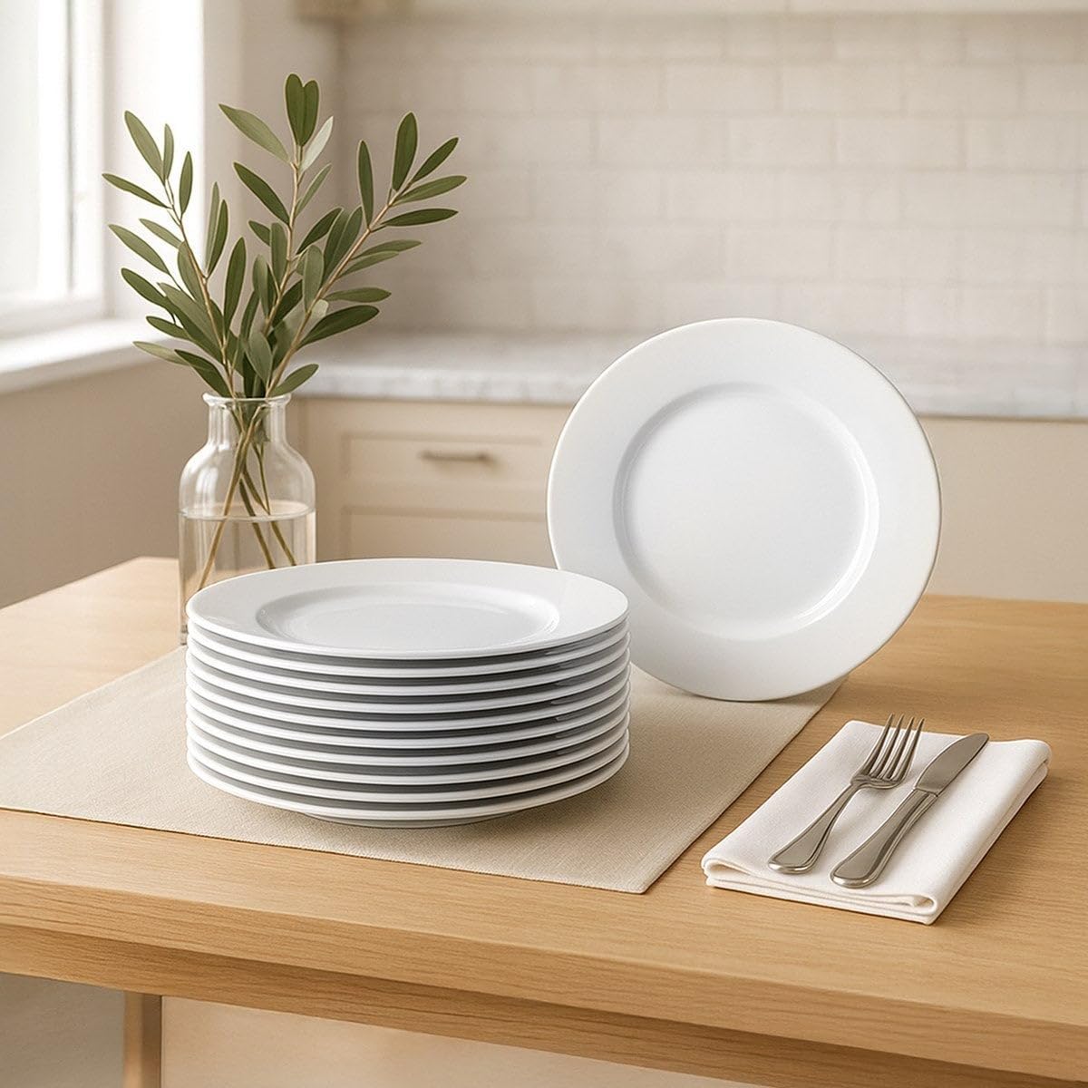 UNIMASA Juego de 12 platos llanos redondos blancos de porcelana de 27 cm. Configura tu vajilla completa moderna para 12 personas a tu gusto
