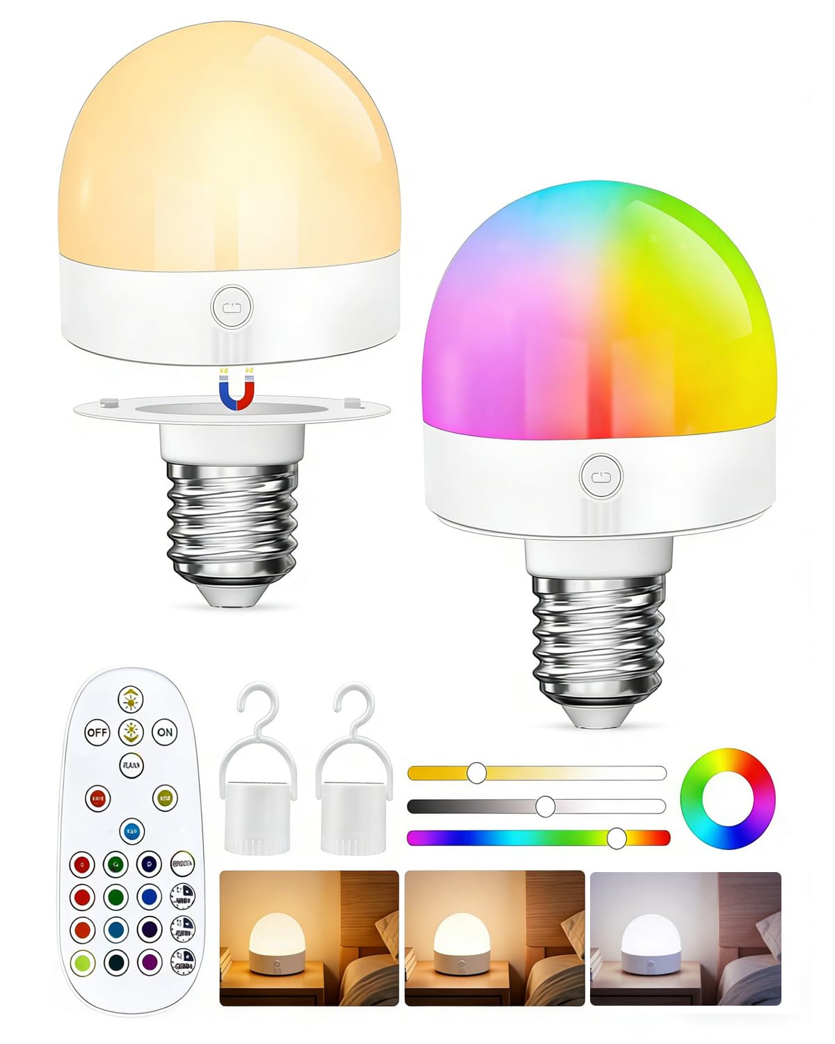 TobeBright E27 Rechargeable Light Bulb with Remote Control, Magnetic E27 Battery Light Bulb,12 RGB Color Changing & 3 Color Temperature,2000mah,Dimmable Bulb with Timer Function for Table Lamps