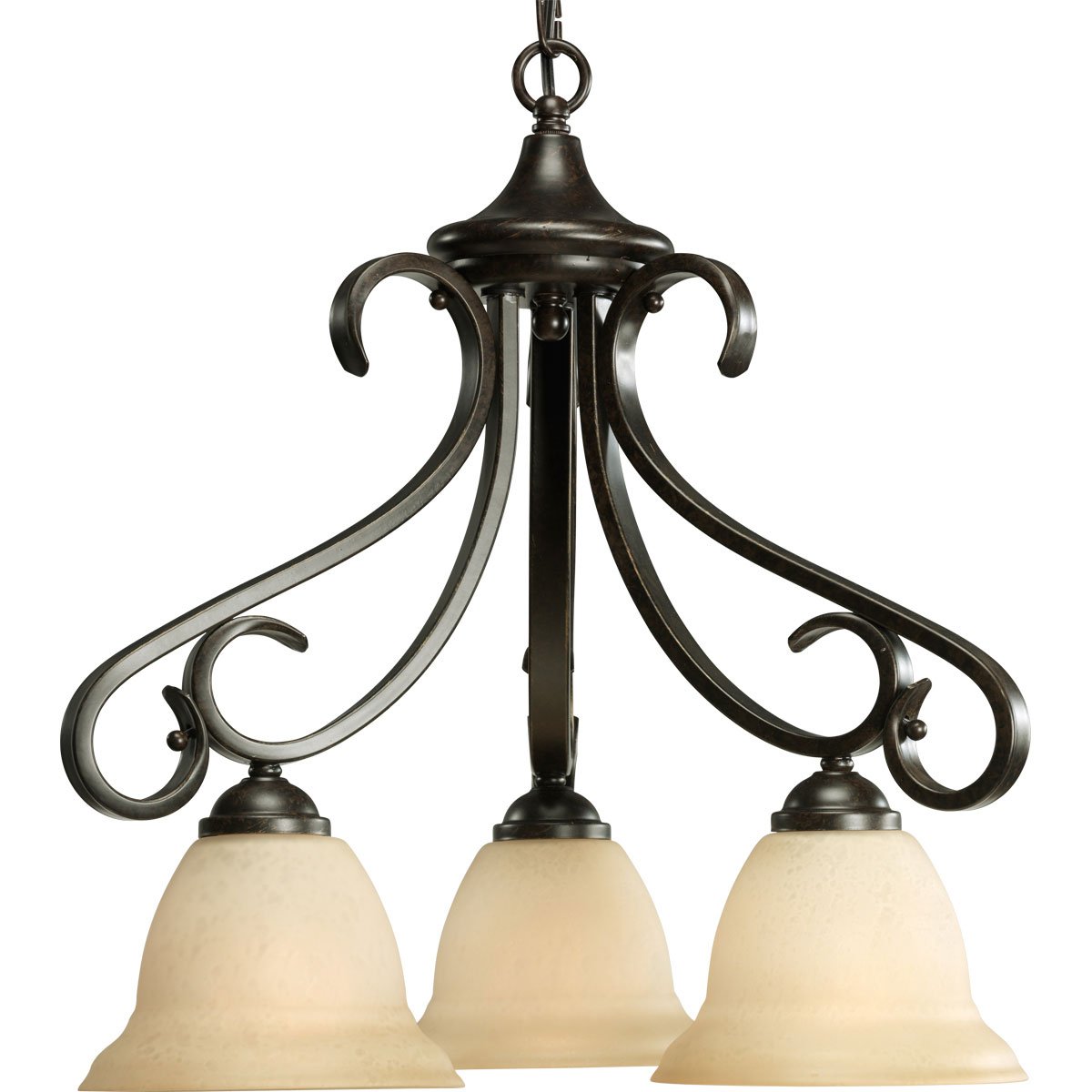 progress lighting p4405-77 3-light chandelier with tea stained bell-shaped glass bowls and squared scrolls and arms, forged bronze