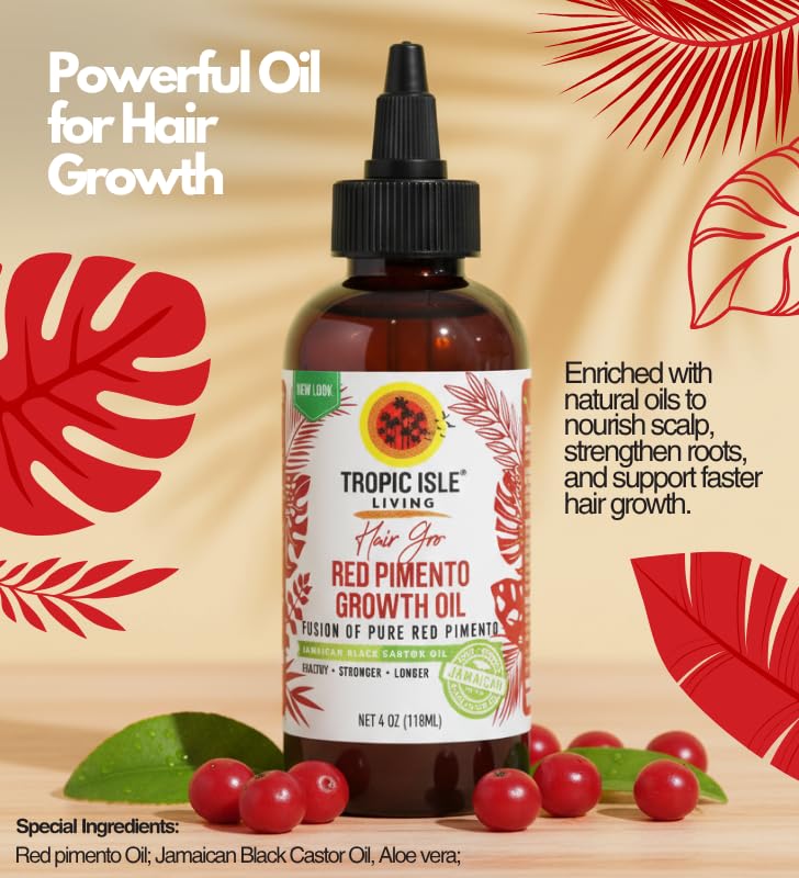 3x Strong Roots Red Pimento Hair Growth Oil – 4oz Bundle with Tropic Isle Jamaican Black Castor Oil – Nourishes, Hydrates, and Revitalizes Hair – Gift Set (3 Items)