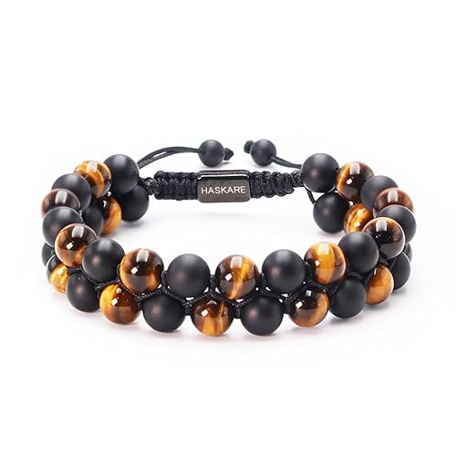 Premium Tiger Eye Bracelet Gift for Men, HASKARE Energy Protection Crystal Real Tigers Eye Black Onyx Beads Bracelet, Handmade Crystal Bracelet Men