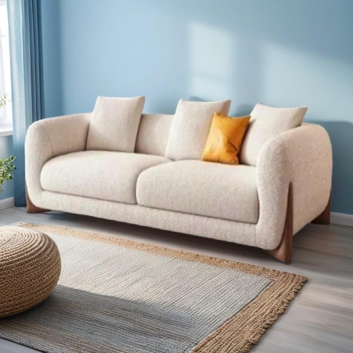 Modern 1-Seater Boucle Fabric Sofa Contemporary Chesterfield Style, Off-White, Wooden Base, Decorative Pillows, Living Room (2 Seater Sofa)-image-12