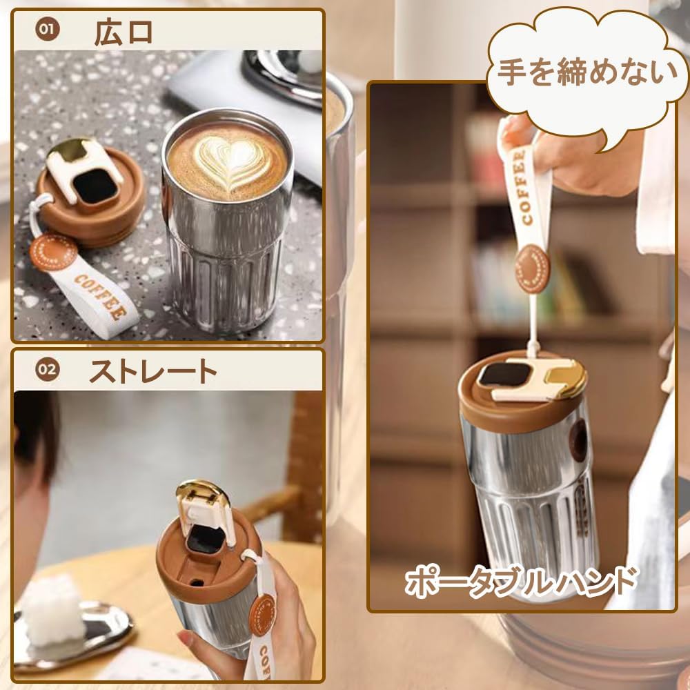 DZANNC コーヒー魔法瓶、大容量 水筒 真空断熱 タンブラー おしゃれ ステンレス 携帯 コーヒーカップ 450ML コーヒー 魔法瓶 タンブラー 蓋付き こぼれない 保温保冷タンブラー コーヒー ボトル コーヒー タンブラー 持ち運び こぼれない、温度表示付マグボトル サーモマグ ステンレス鋼のインテリジェントな魔法瓶（ブラックミラー）