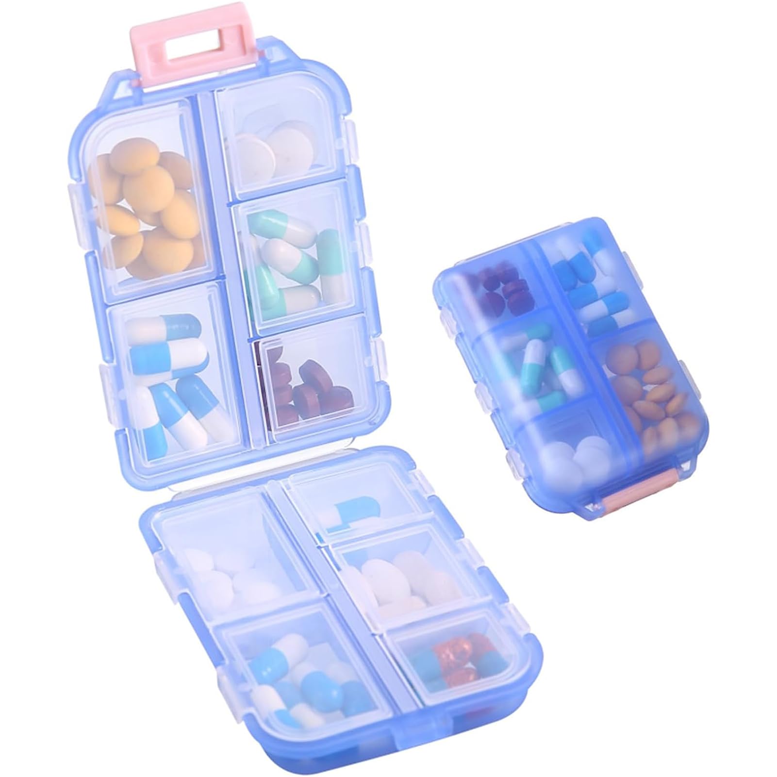 TAME Travel Daily Pill Organizer, 10 Compartments Portable Pill Case, Pill Box for Purse Pocket to Hold Vitamins, Cod Liver Oil, Weekly 7 Day Medication Organizer Folding Design (Blue)