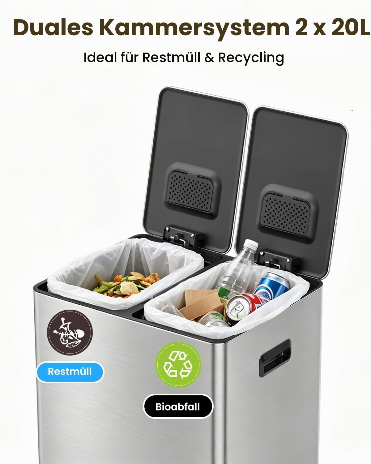 YEAUPE PRO Mülleimer Küche 40L 2x20L, 2 Fächer Abfalleimer mit Pedal, Edelstahl Mülltrennsystem, Treteimer mit Soft-Close Deckeln, Herausnehmbaren Inneneimern, Geruchsdicht, 15 Müllbeutel