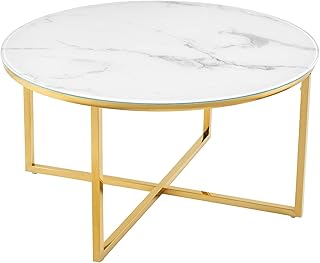 riess-ambiente.de Eleganter Couchtisch Boutique 80cm weiß rund Kristallglas mit Marmor-Dekor goldenes Gestell