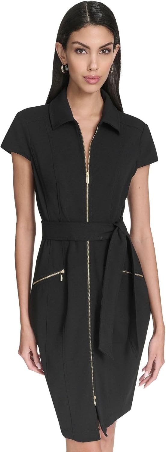Halston Women's Cap Sleeve Zip Up Belted Shirt Dress