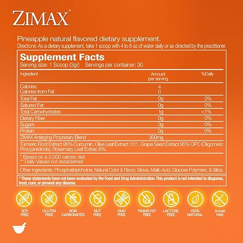 Miniatura 10 de ZIMAX Super antioxidante, 100% natural, curcumina de alta absorción, extracto de romero, extracto de semilla de uva, extracto de hoja de olivo ORAC