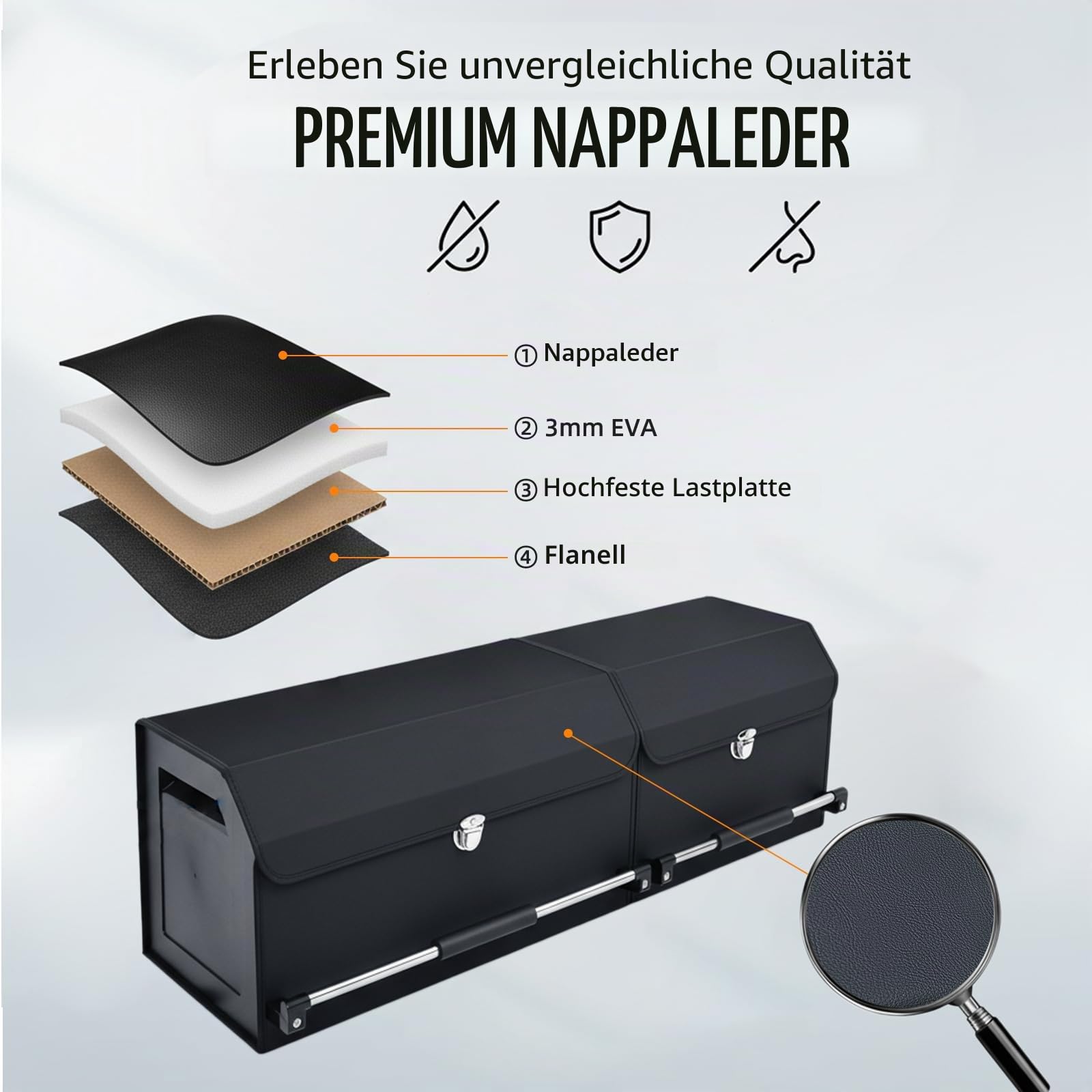 Kofferraum Organizer mit Deckel, 2-in-1 Modular XXL Aufbewahrungsbox aus Hochwertigem Nappa-Leder, Tragbarer Push-Pull-Griff, 92L Großraum Staubox passend für Auto, SUV und Van (103x29x31cm)