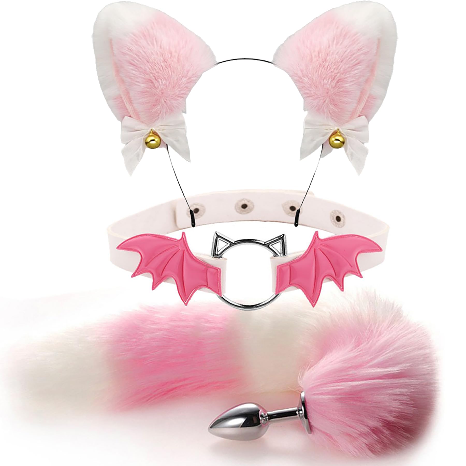 TJCGCKK Animal Cosplay Costume Furry Fox Tail Plug Cute Ears Headband Bat Style Neck Collar Set: (Pink C)