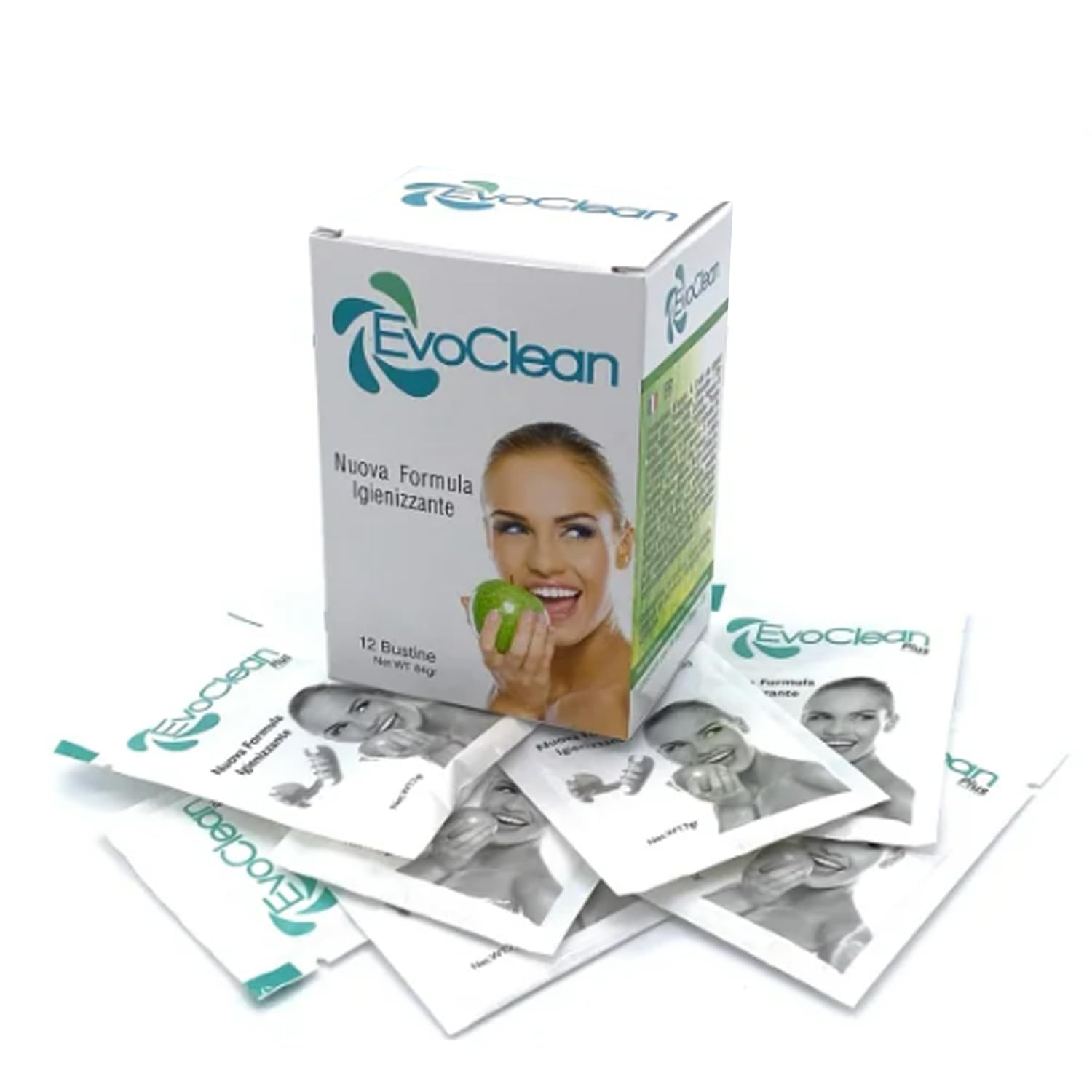 Evoclean Plus 12 Bustine - Detergente Igienizzante per Protesi Dentali - Pulizia Profonda, Rimuove Macchie e Odori