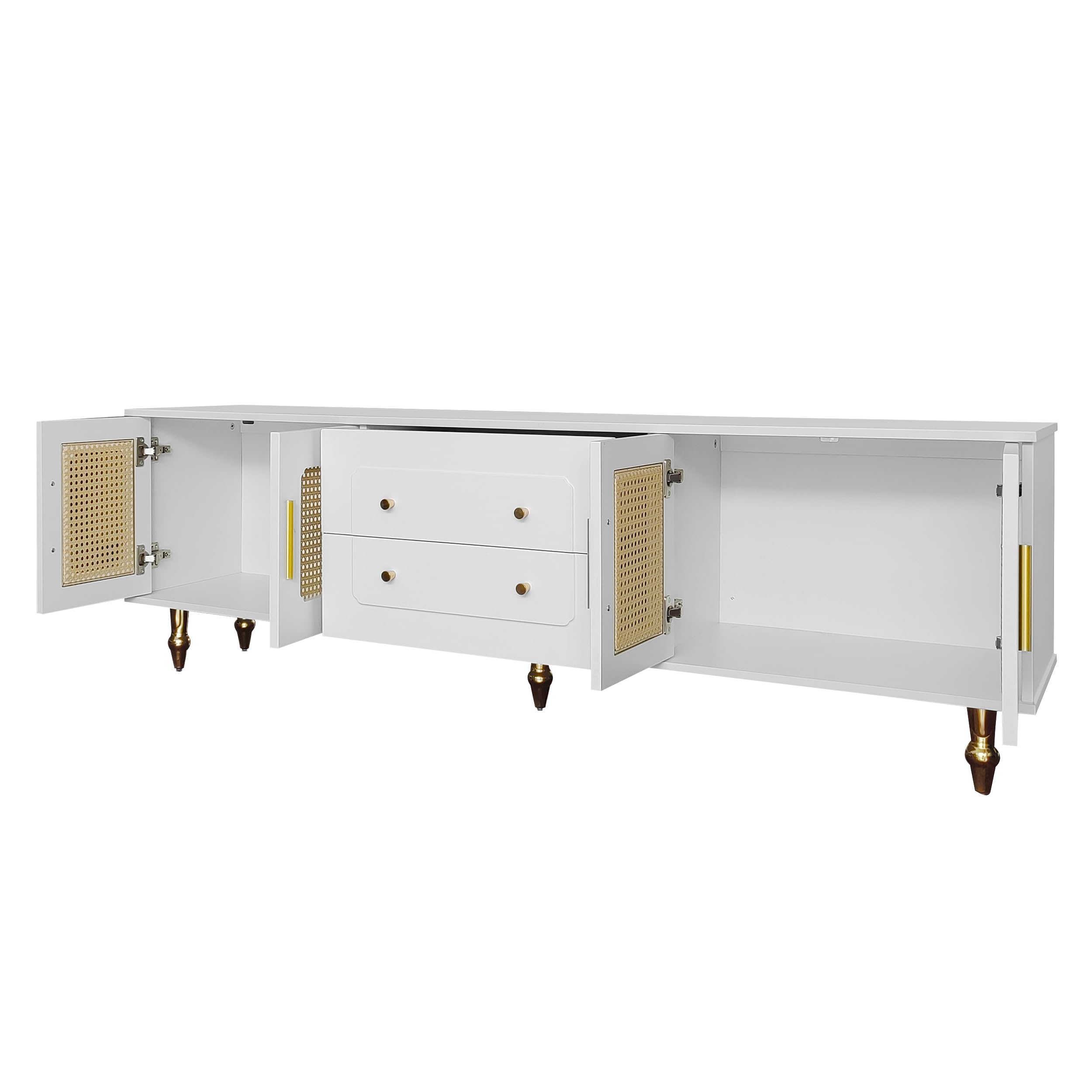 Mueble de TV de estilo retro con 6 compartimentos de almacenamiento, asas doradas, puerta de ratán y patas de metal, aparador de TV para salón (blanco, 175 x 38 x 55,5 cm)