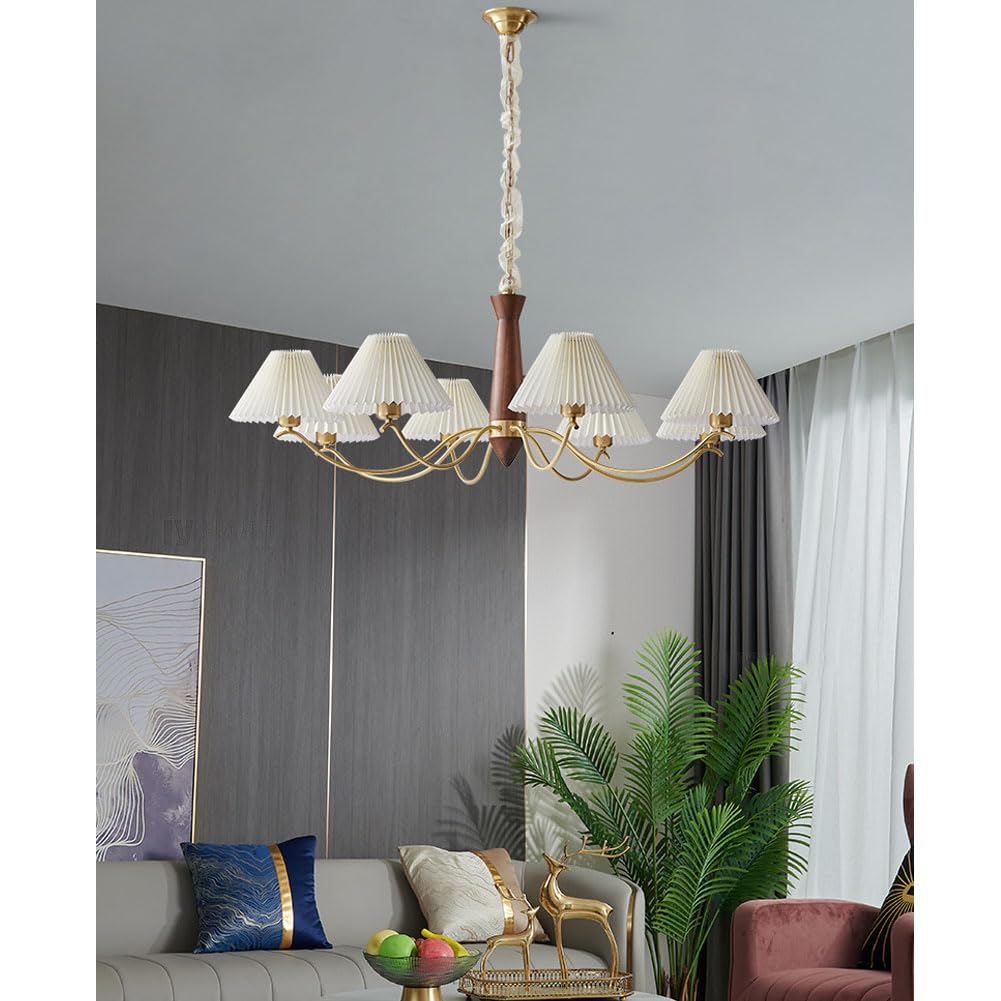 Żyrandol w stylu retro o pełnym spektrum, rustykalna lampa wisząca z drewna orzechowego i miedzi, oświetlenie z plisowanym kloszem, styl wiejski do salonu, gabinetu i jadalni, 6 głowic
