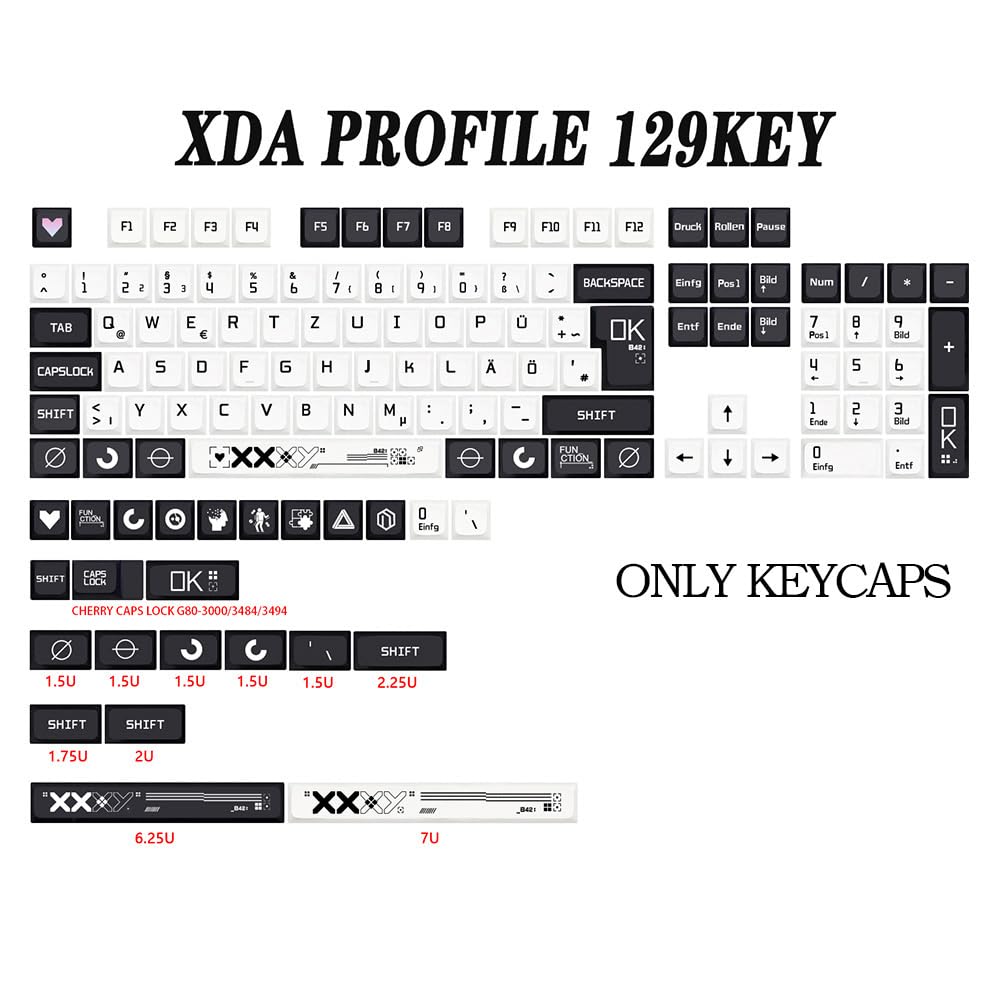 JSJT Teclas alemanas XDA perfil negro y blanco tapa 129 teclas Tema Tema Keycap PBT teclas teclas para ANSI/ISO Layout Cherry MX Switch Teclado mecánico