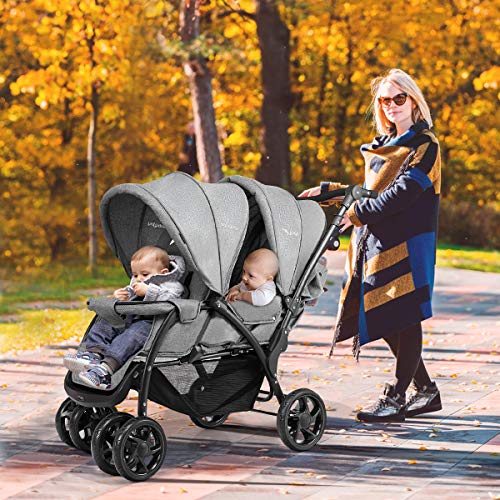 GOPLUS Geschwisterwagen Zwillingswagen, Kinderbuggy Klappbar, Buggy Zwilinge, Kinderwagen Babybuggy, Babywagen Grau, für Babys ab 6 Monate