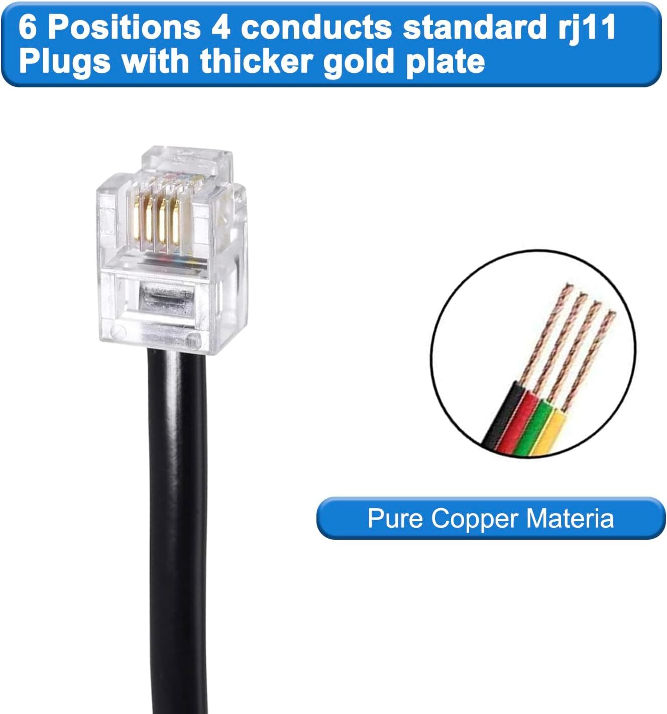 Cable de extensión de teléfono largo de 33 pies (10 m), negro, cable de línea de cable de teléfono con enchufe RJ11 estándar, 1 divisor de línea telefónica, acoplador de 1 en línea y 25 clips de cable