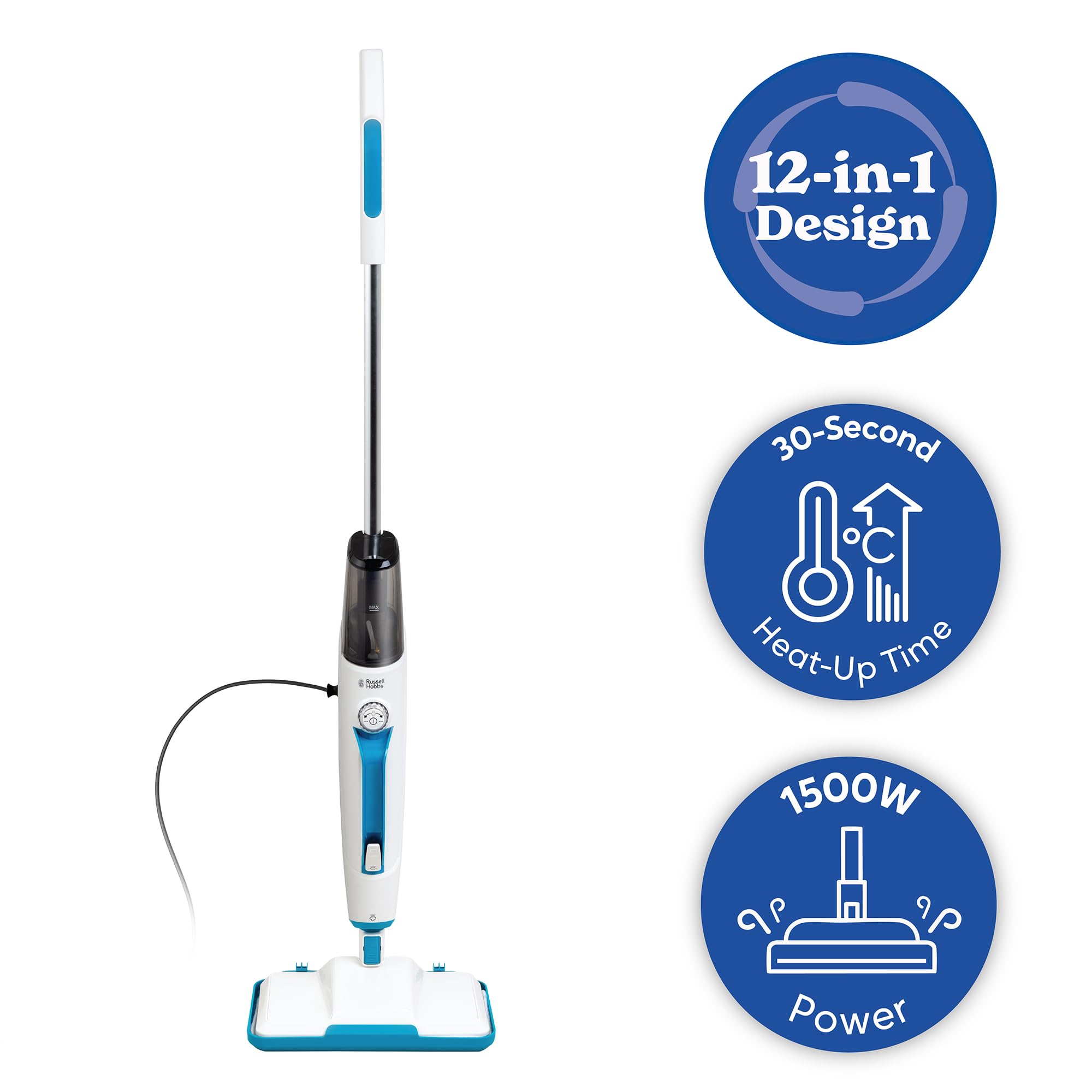 Russell Hobbs Scopa a vapore multifunzione 12 in 1 con tempo di riscaldamento di 30 secondi, serbatoio da 350 ml, 1,5 kW, cavo da 6 m, design portatile staccabile, 2 cuscinetti lavabili per pavimenti