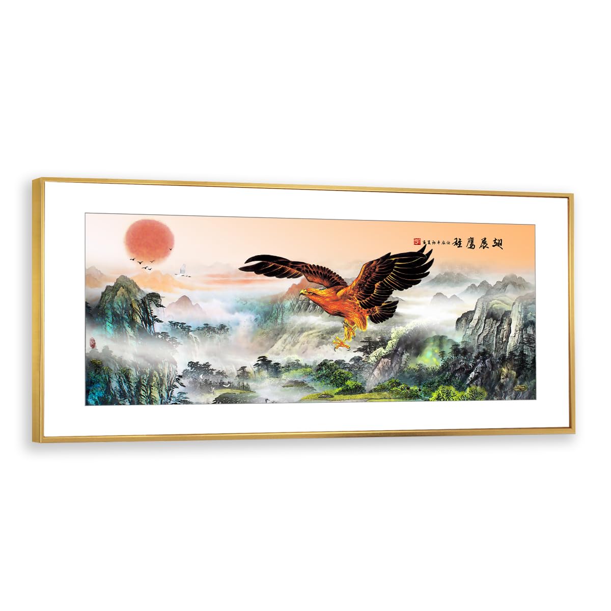 Eagle Mountain Sunrise duże płótno ścienne sztuka ścienna chiński krajobraz obraz obraz azjatycka natura malarstwo kuchnia wystrój sypialni 40 x 101 cm ze złotą ramą