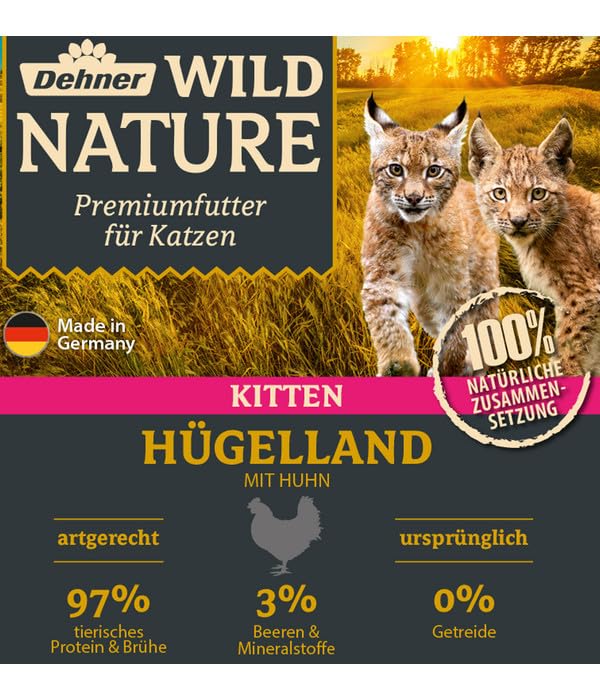 Dehner Wild Nature Katzenfutter Kitten Hügelland, Nassfutter getreidefrei / zuckerfrei, für junge Katzen, Huhn, 16 x 100 g Schale (1.6 kg)
