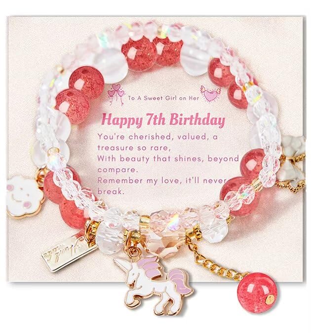 5-13 Year Old Girl Birthday Gifts, 3PCS Cute Unicorn Bracelets Set with Necklace Birthday Bracelets Charm Bracelets Pink Crystal Bead Elastic Bracelets Birthday Christmas Jewelry Present for Daughter Niece Granddaughter Girl