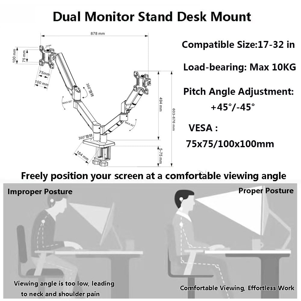 Supporto Per Doppio Monitor, Braccio Ergonomico Da Scrivania Per Monitor Da 17 A 32 Pollici – Portata Fino A 10 Kg (22 Lbs) – Regolabile In Altezza, Girevole, Inclinabile E Ruotabile Black
