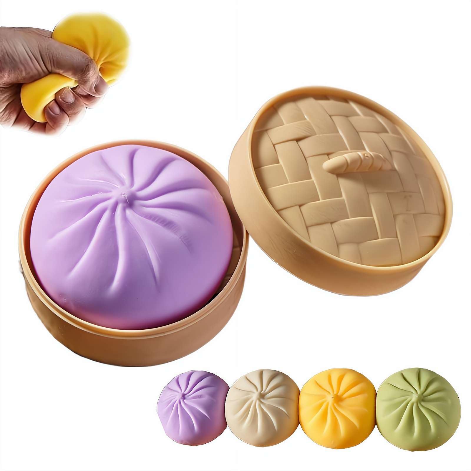 Colorful Dumpling Squishes Stress Balls, Cute Anxiety Relief Fidget Toy, Soft Squeeze Decompression Dough for Adults, Simulation Food Squishies Bun with Steamer